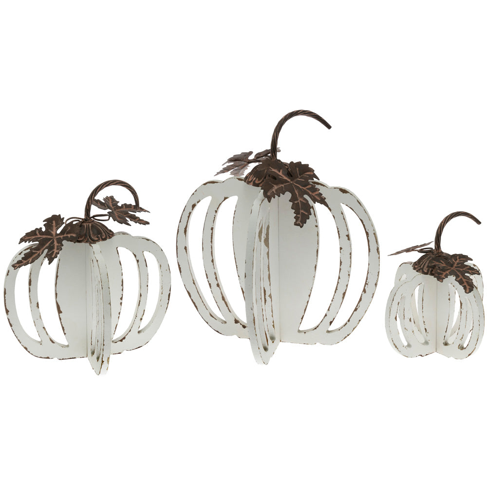 WHITE WOOD PUMPKINS S/3  METAL HANDLES