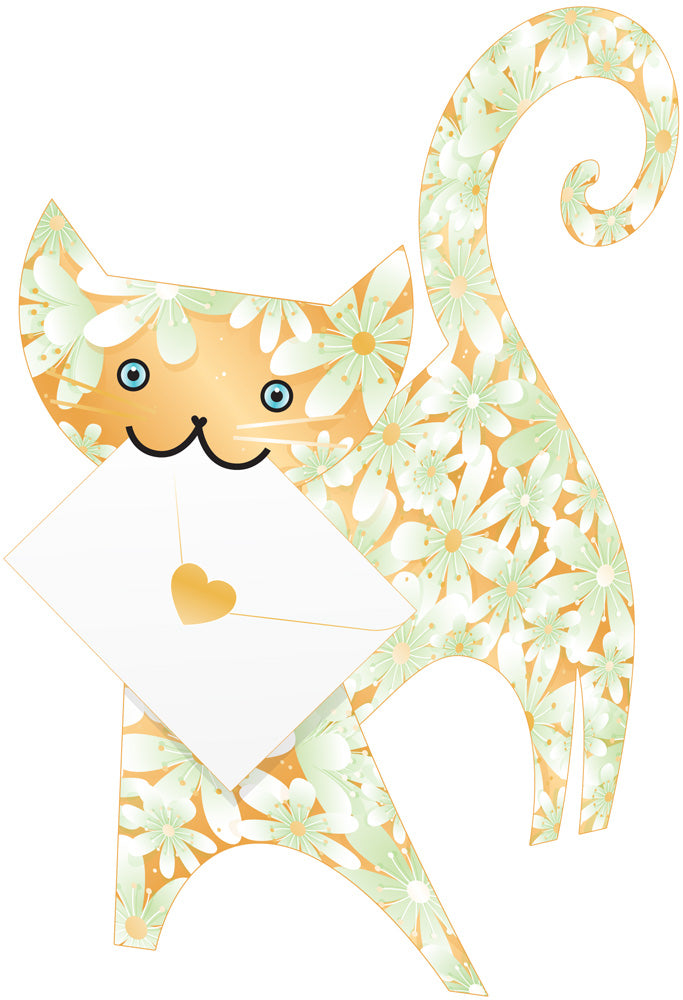 Blossom Cat 3D Card Green &amp; Gold Floral