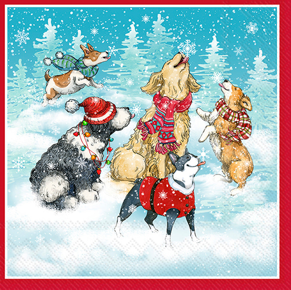 Dogs Catching Snowflakes Cocktail Napkin