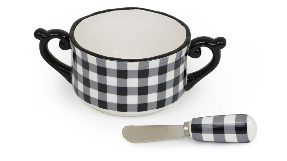 B&W CHECK BOWL & SPREADER SET