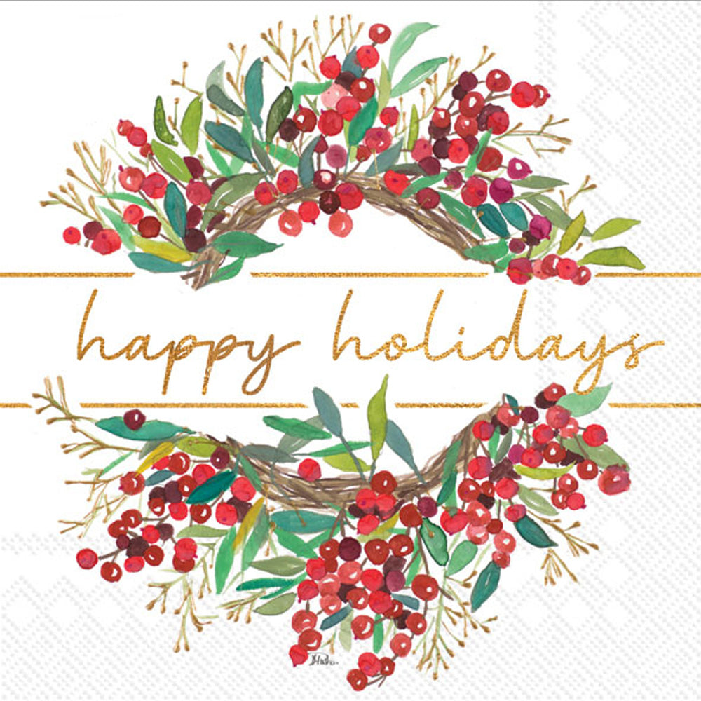 Happy Holidays Wreath Cocktail Napkin